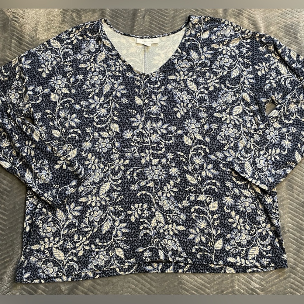 J.Jill‎ PureJill Eco-Terry Blue Floral Long Sleeve Top Blouse Large